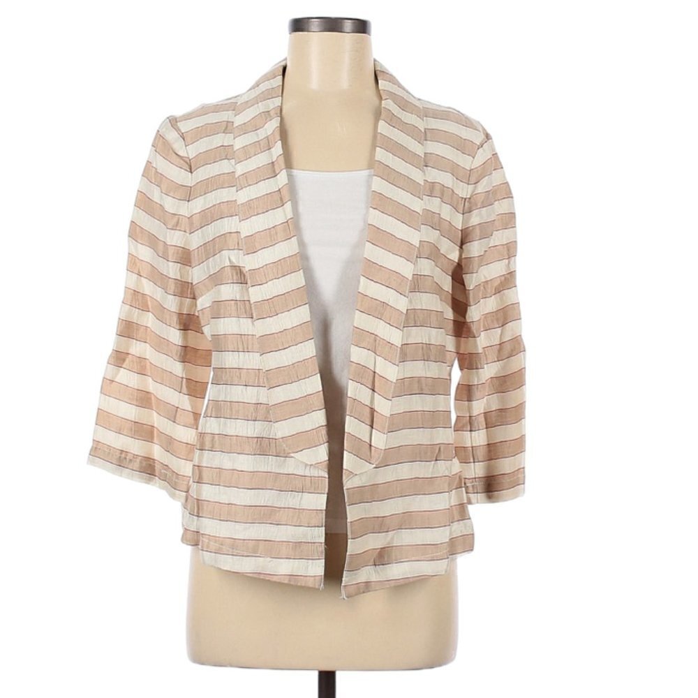 Loft Women's Size 8 Open Lightweight Blazer‎ Beige Cream Stripes Linen Blend